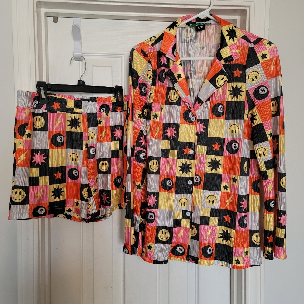 Emy Ave Plisse Set Nostalgic Smiley Checkered Shorts And Top